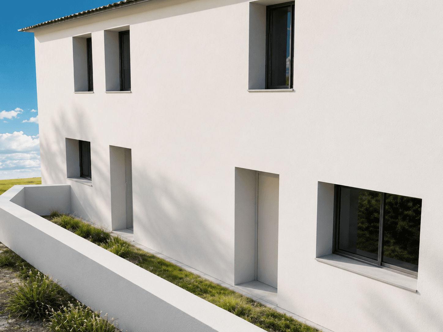 A fachada de perto, com as aberturas encaixadas na parede e os vãos recuados até ao chão.