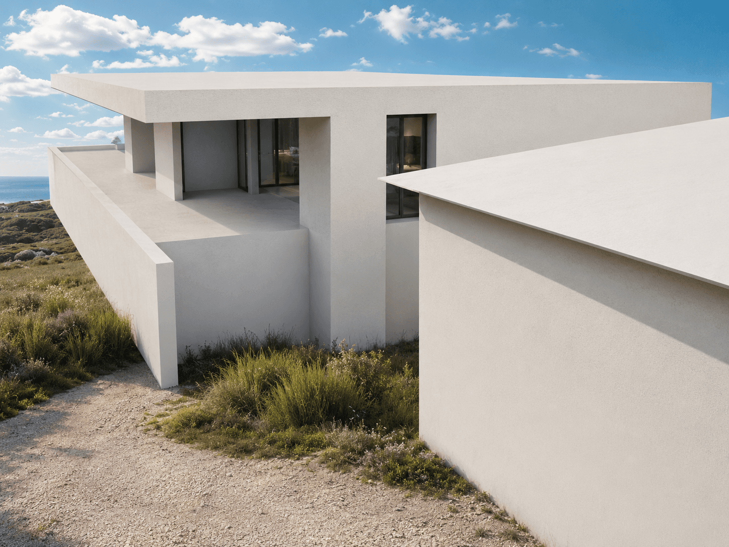 O canto do edifício, com a pala sobre o terraço recuado e o muro baixo a separar do terreno.